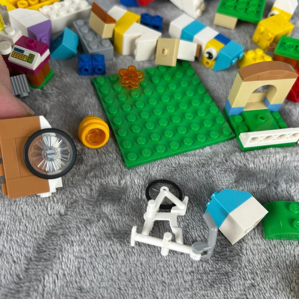 Vintage LEGO Lot Mixed Bricks Baseplates Bicycle Cart Picket Fence Pieces